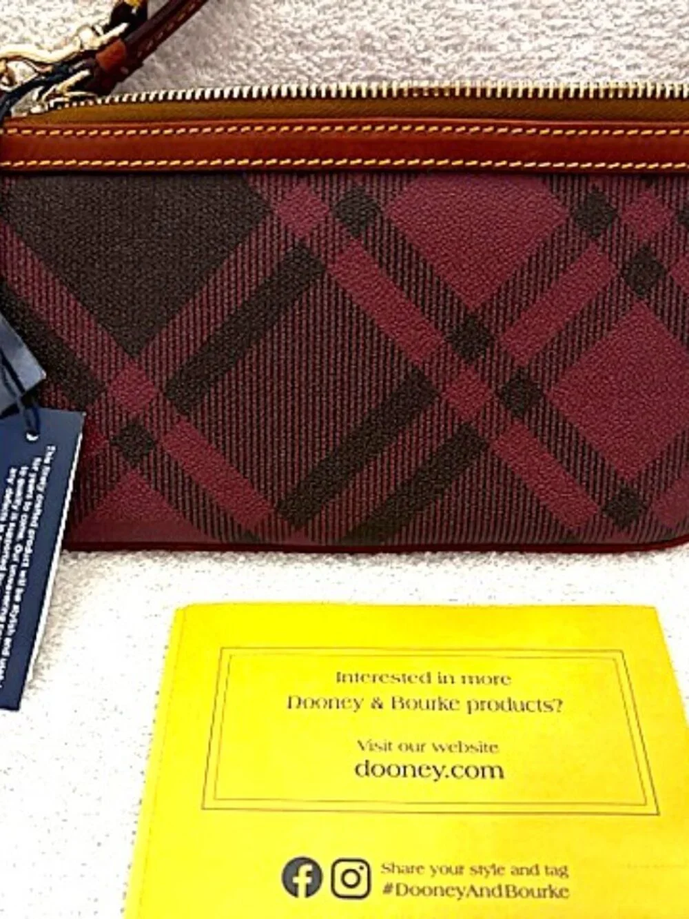 Dooney & Bourke large slim wristlet in Bordeaux plaid NWT